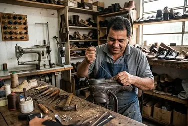 Sapateiro realizando conserto de um zíper de bota.