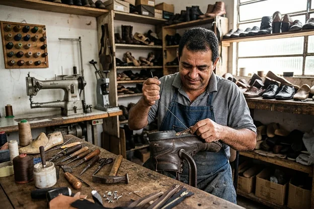 Sapateiro realizando conserto de um zíper de bota.